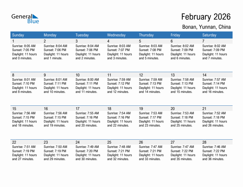 Bonan February 2026 sunrise and sunset calendar in PDF, Excel, and Word