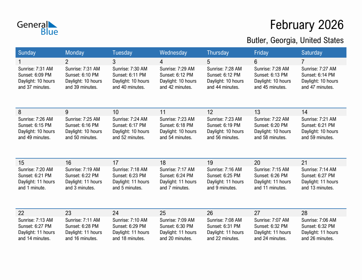 February 2026 sunrise and sunset calendar for Butler
