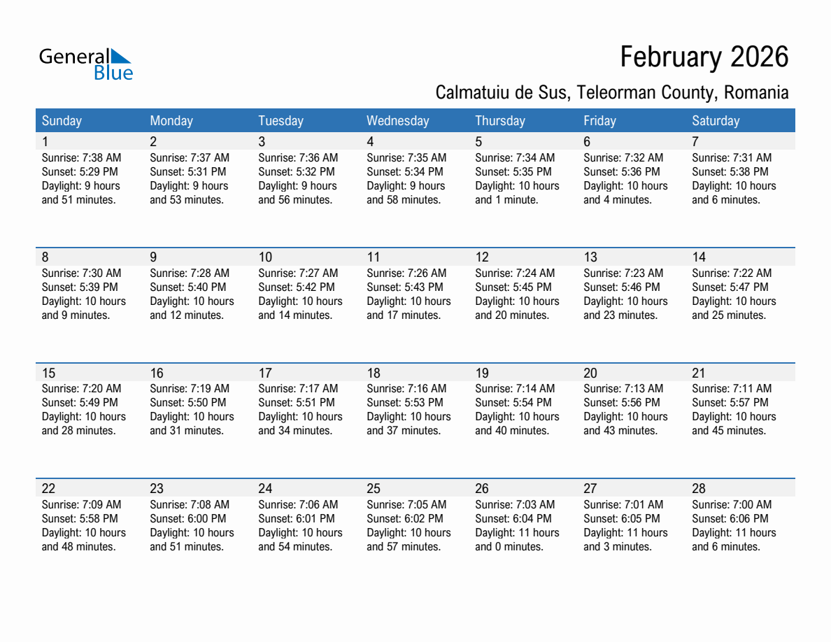 February 2026 sunrise and sunset calendar for Calmatuiu de Sus