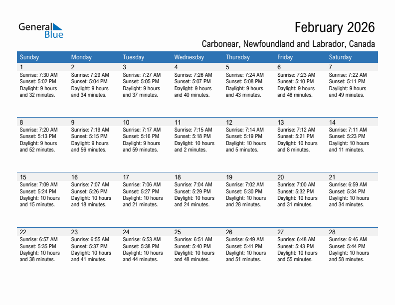 Carbonear February 2026 sunrise and sunset calendar in PDF, Excel, and Word