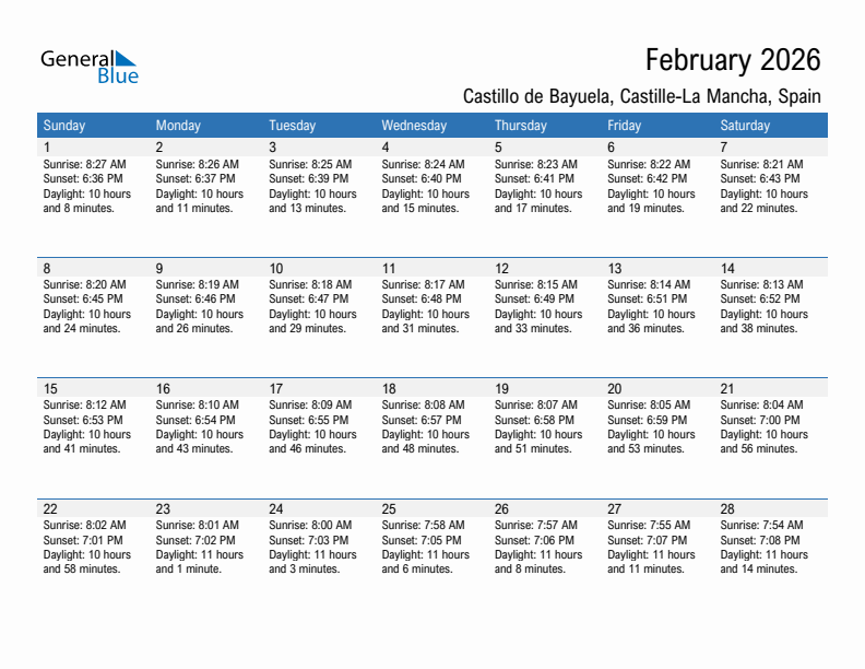 Castillo de Bayuela February 2026 sunrise and sunset calendar in PDF, Excel, and Word