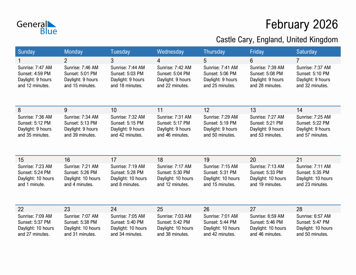 February 2026 sunrise and sunset calendar for Castle Cary