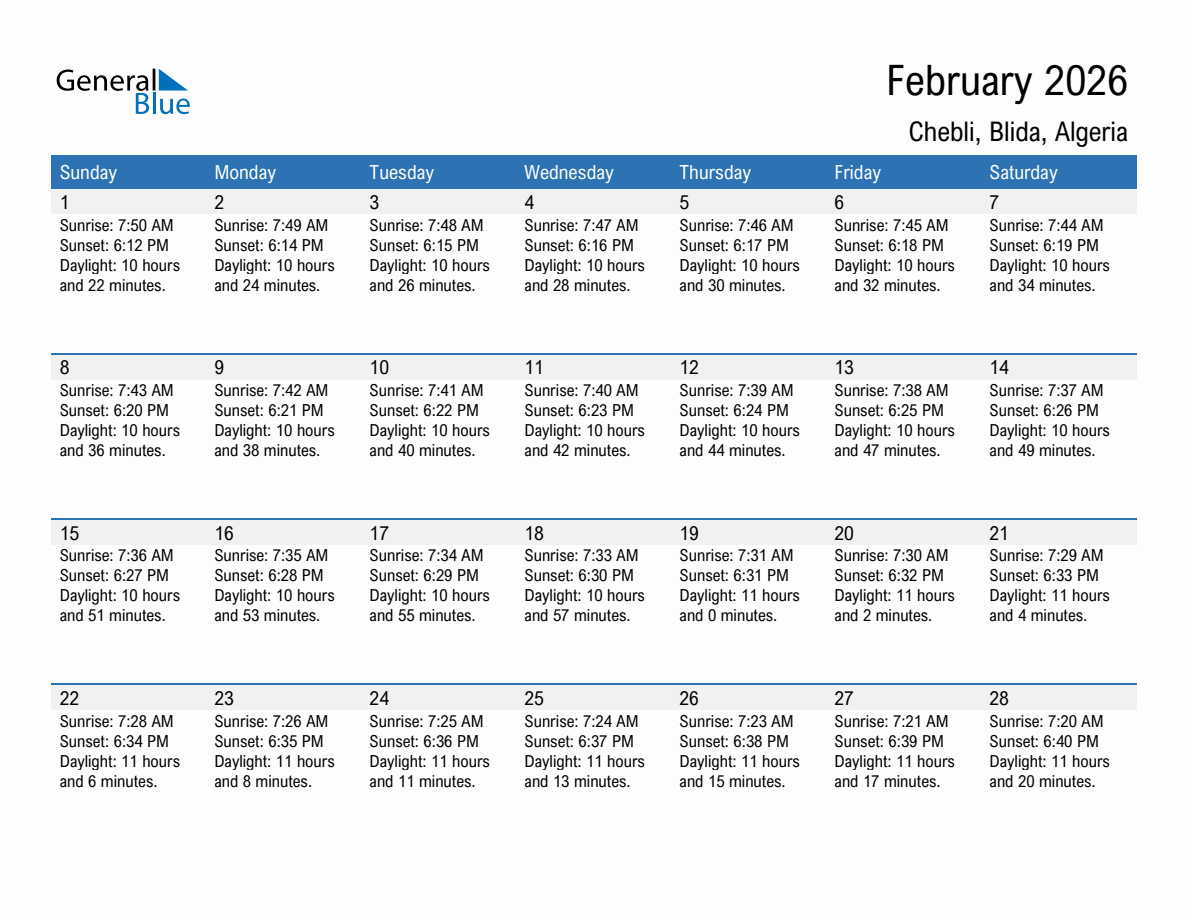 February 2026 sunrise and sunset calendar for Chebli