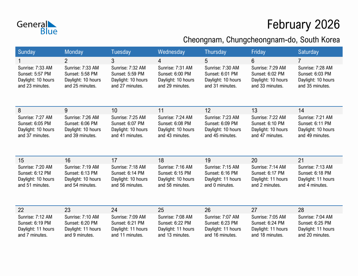 February 2026 sunrise and sunset calendar for Cheongnam
