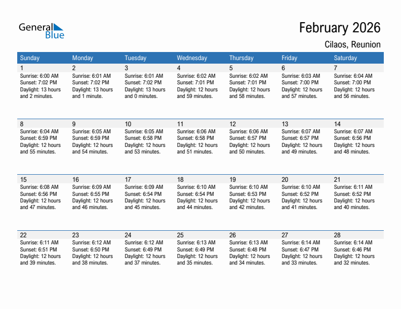 Cilaos February 2026 sunrise and sunset calendar in PDF, Excel, and Word