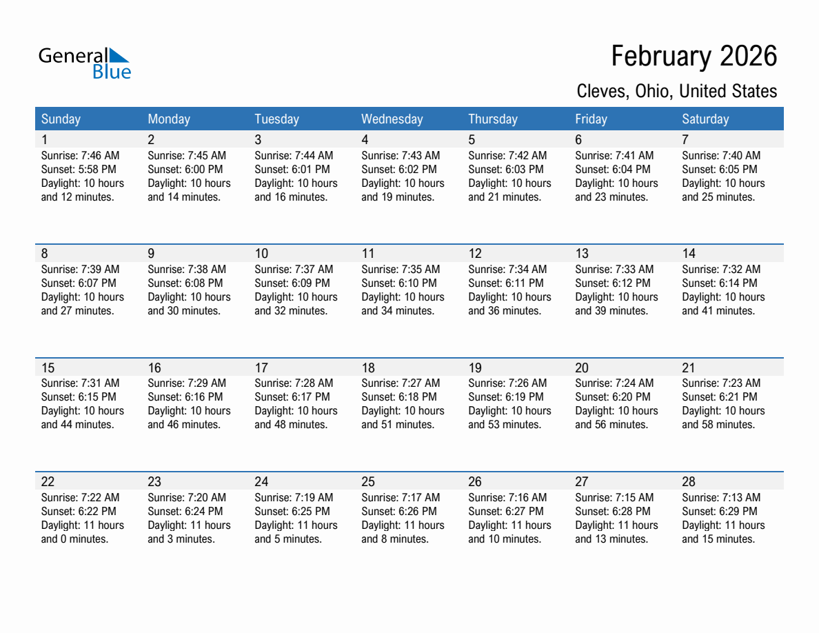 February 2026 sunrise and sunset calendar for Cleves