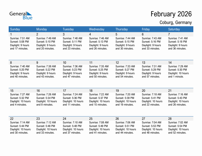 Coburg February 2026 sunrise and sunset calendar in PDF, Excel, and Word