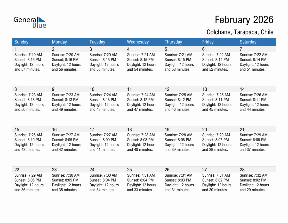 February 2026 sunrise and sunset calendar for Colchane