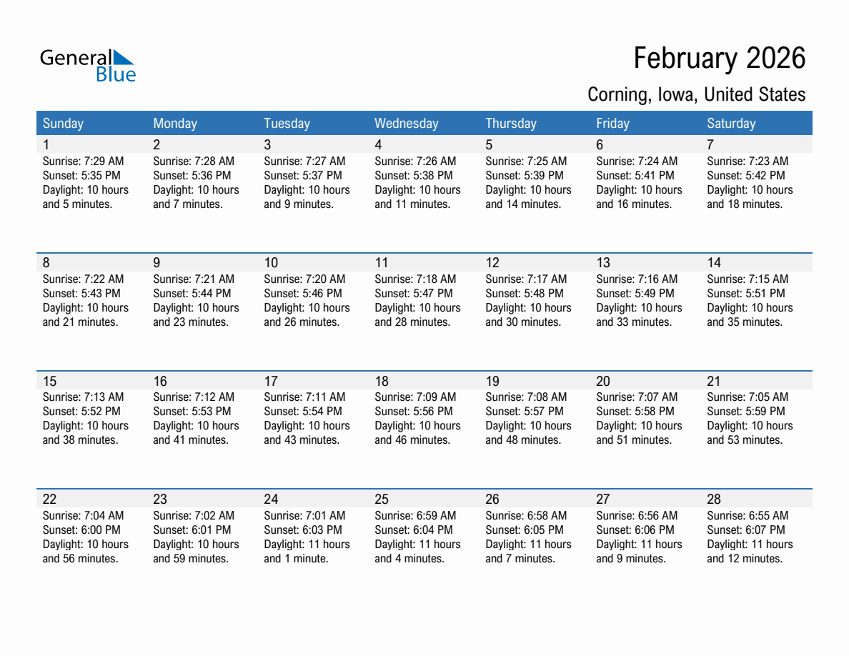 February 2026 sunrise and sunset calendar for Corning