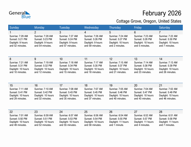 Cottage Grove February 2026 sunrise and sunset calendar in PDF, Excel, and Word