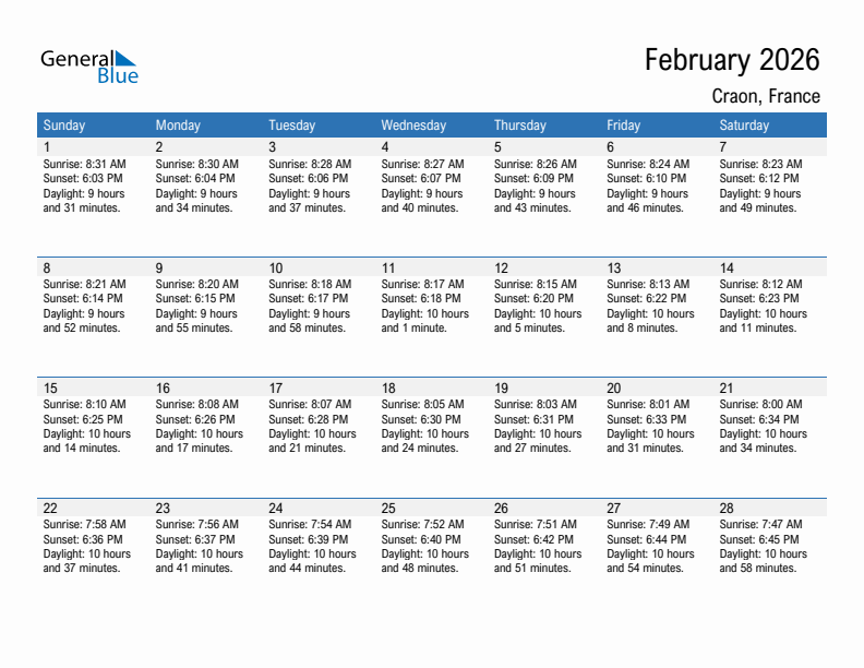 Craon February 2026 sunrise and sunset calendar in PDF, Excel, and Word