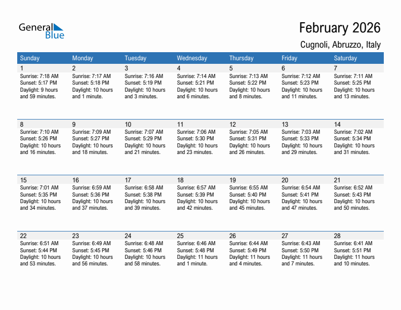 Cugnoli February 2026 sunrise and sunset calendar in PDF, Excel, and Word