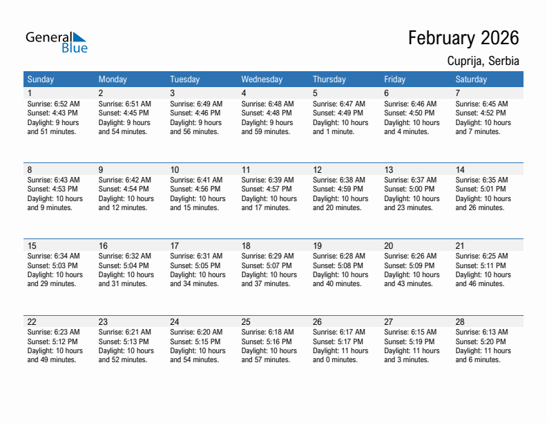 Cuprija February 2026 sunrise and sunset calendar in PDF, Excel, and Word