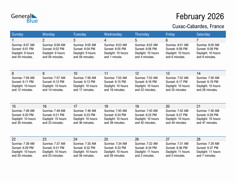 Cuxac-Cabardes February 2026 sunrise and sunset calendar in PDF, Excel, and Word