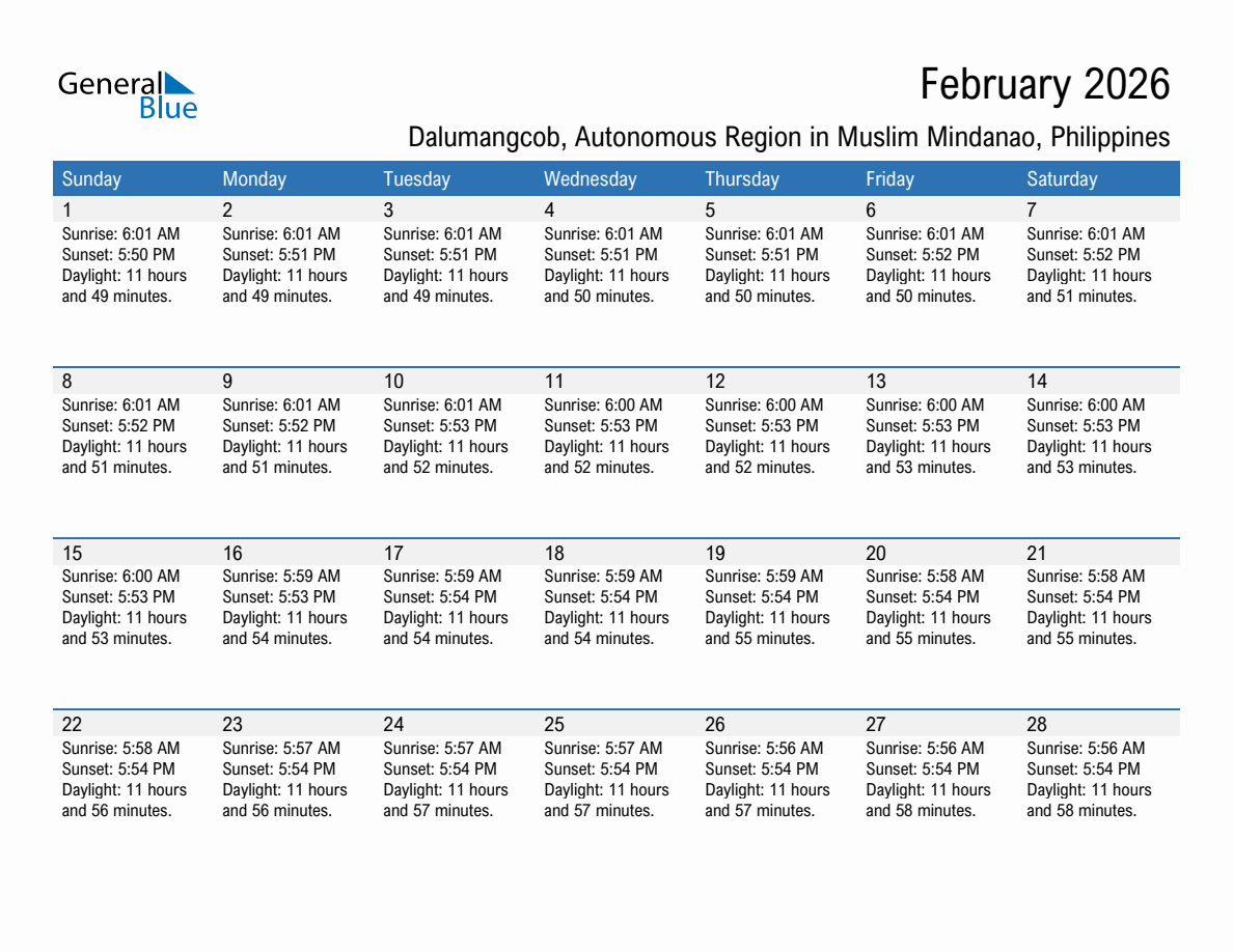 February 2026 sunrise and sunset calendar for Dalumangcob