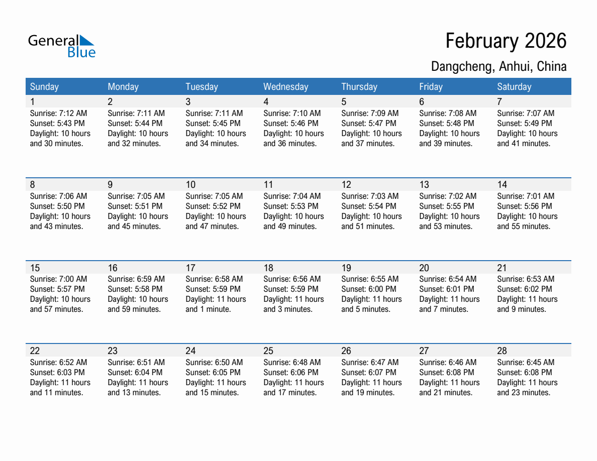 February 2026 sunrise and sunset calendar for Dangcheng