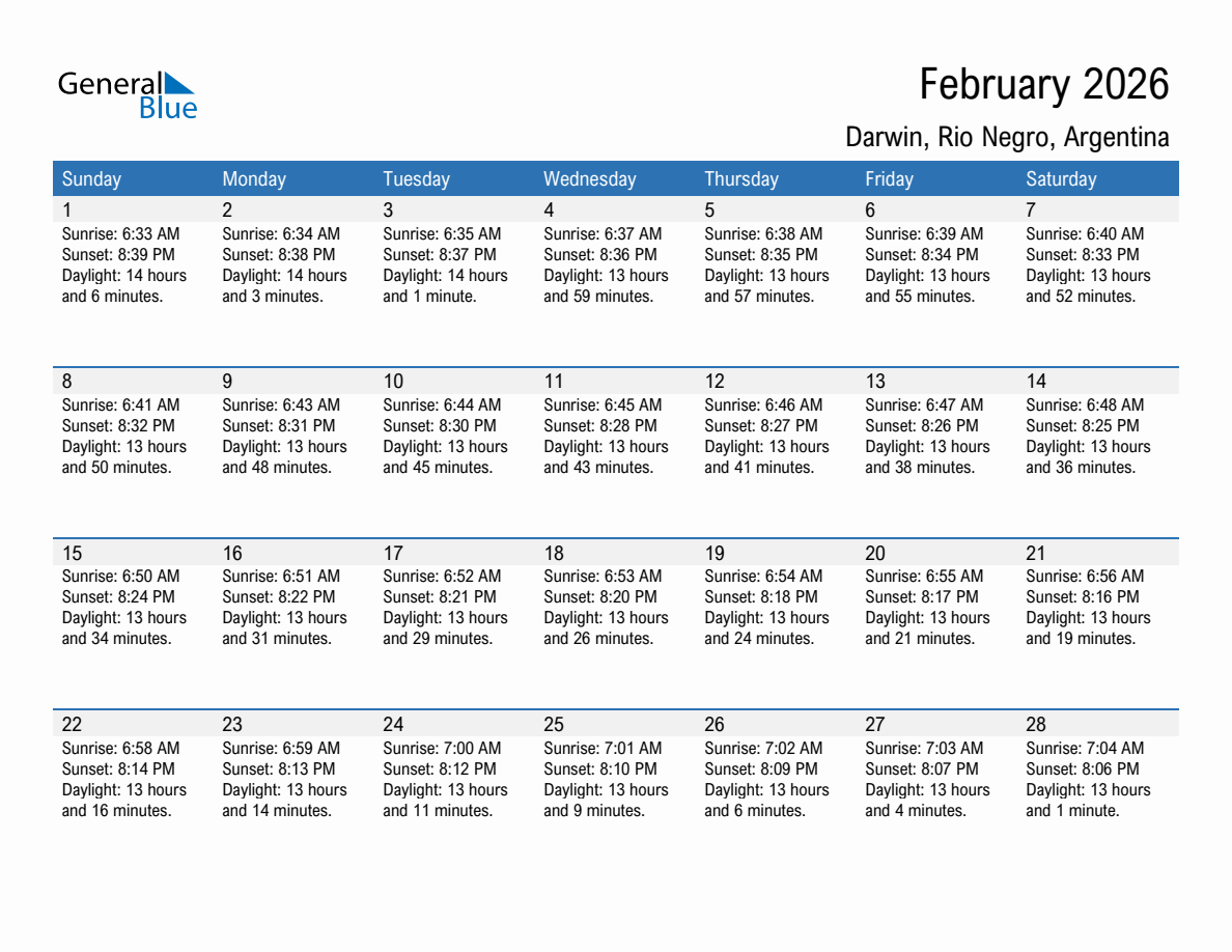 February 2026 sunrise and sunset calendar for Darwin