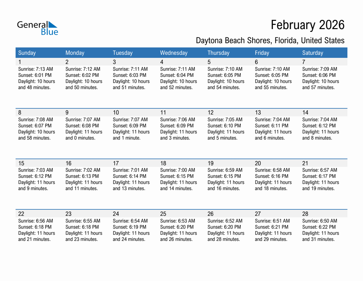 February 2026 sunrise and sunset calendar for Daytona Beach Shores
