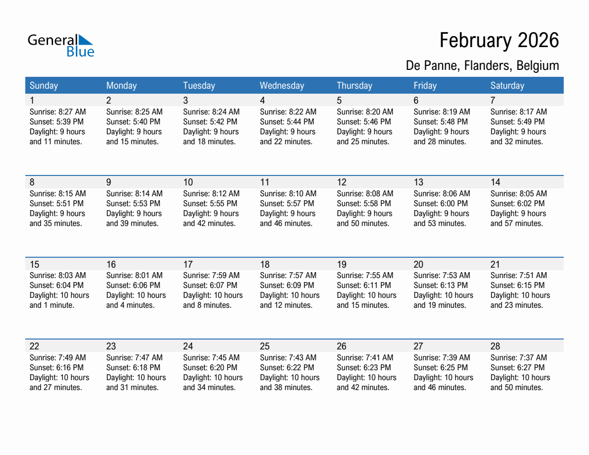 February 2026 sunrise and sunset calendar for De Panne