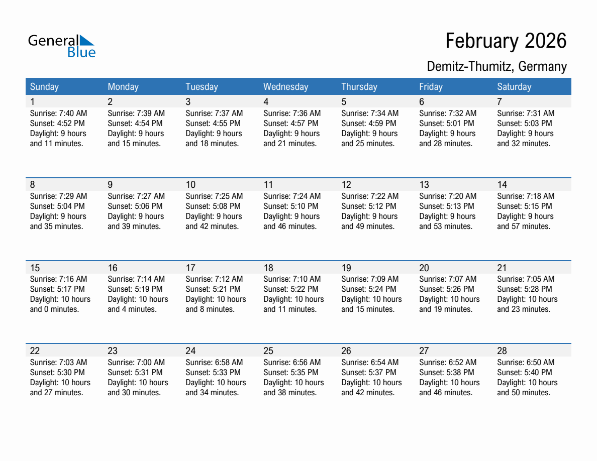 February 2026 sunrise and sunset calendar for Demitz-Thumitz