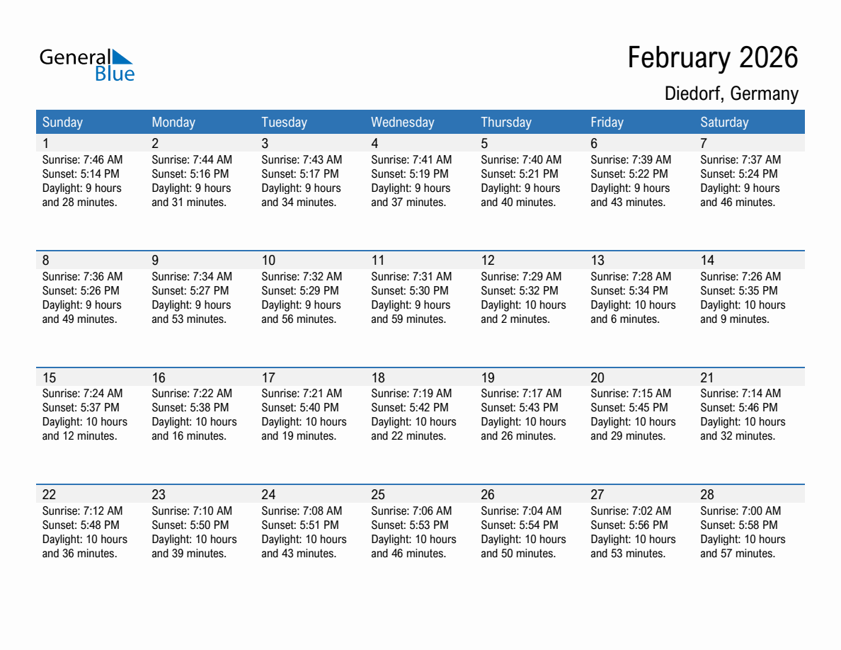 February 2026 sunrise and sunset calendar for Diedorf