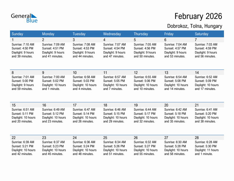 Dobrokoz February 2026 sunrise and sunset calendar in PDF, Excel, and Word