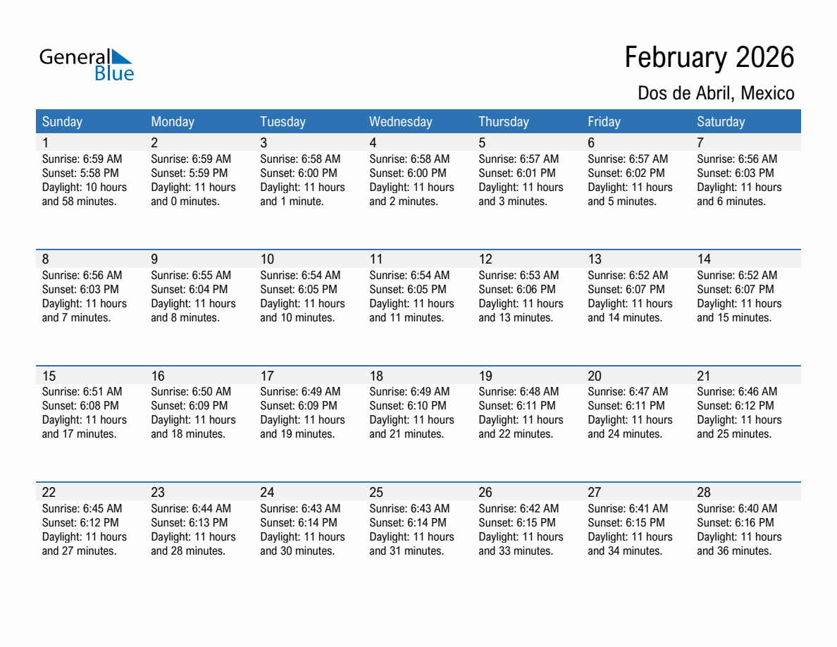 February 2026 sunrise and sunset calendar for Dos de Abril