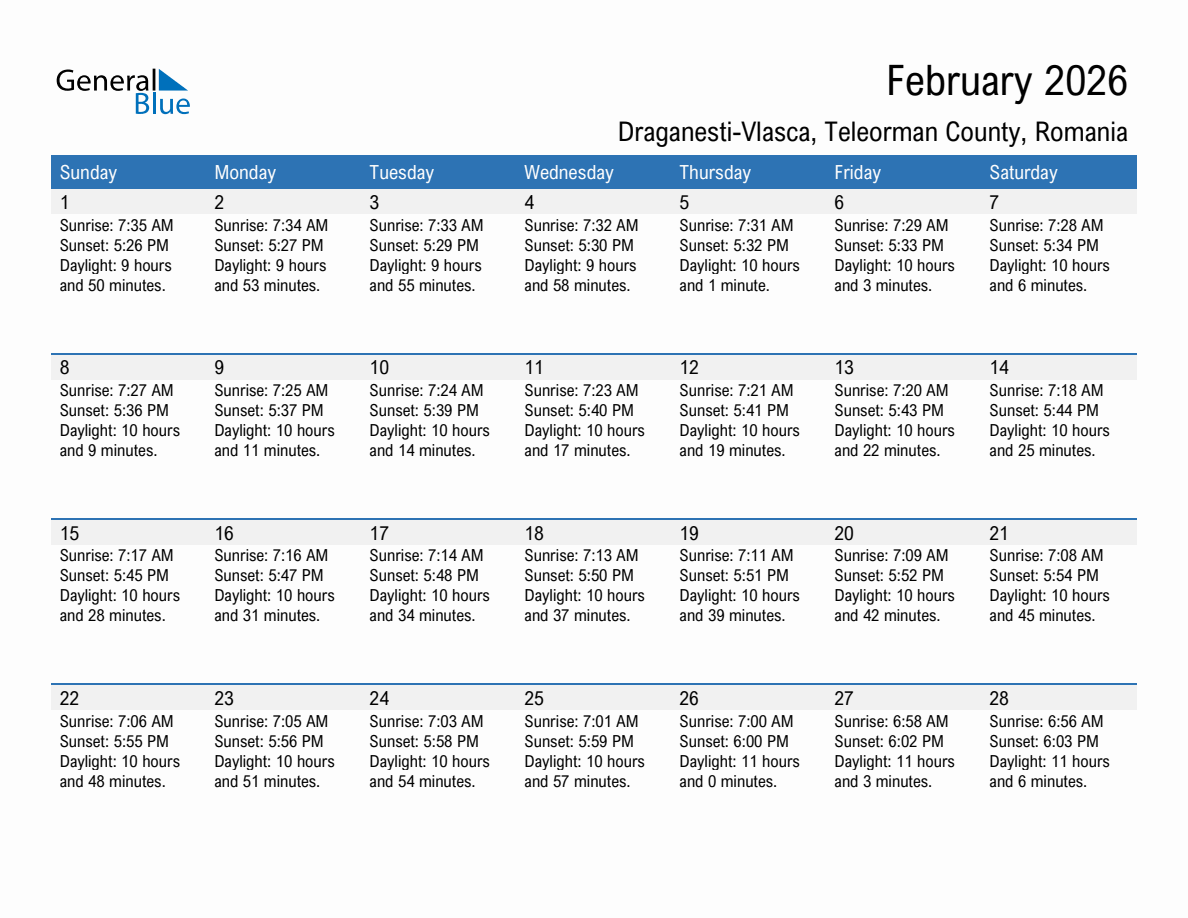 February 2026 sunrise and sunset calendar for Draganesti-Vlasca