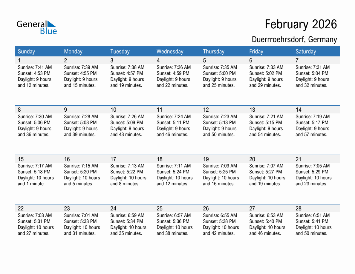February 2026 sunrise and sunset calendar for Duerrroehrsdorf