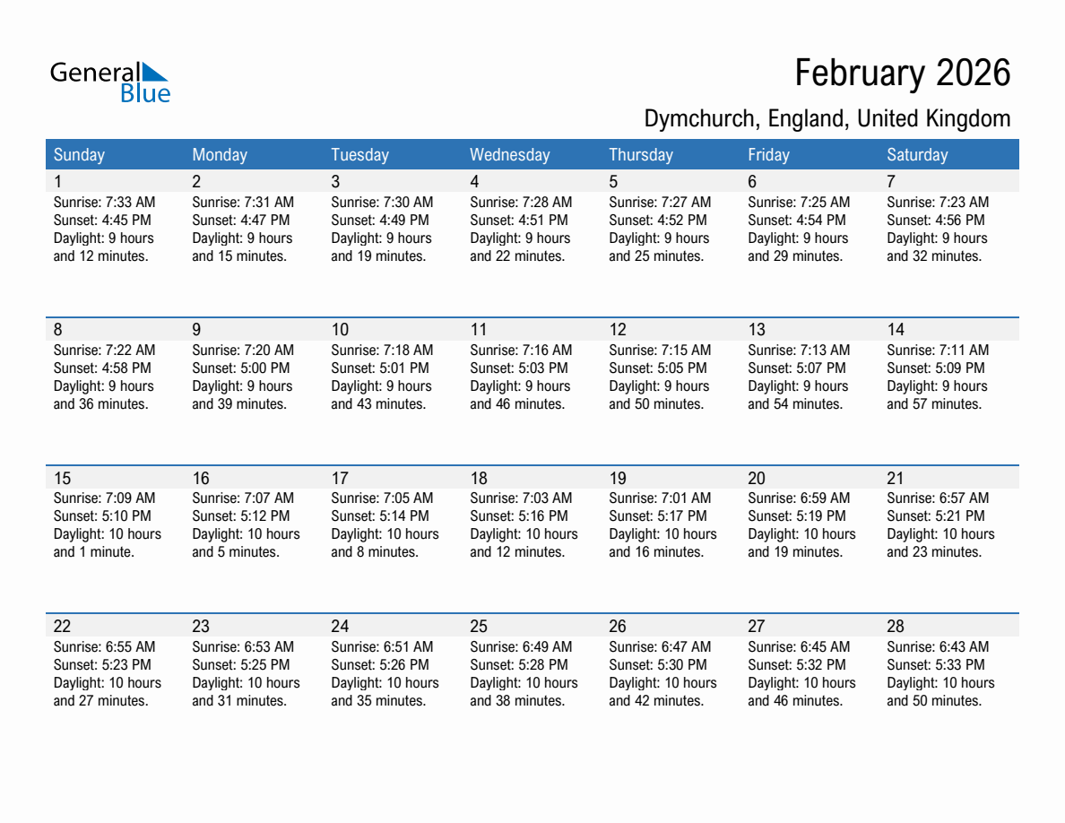 February 2026 sunrise and sunset calendar for Dymchurch
