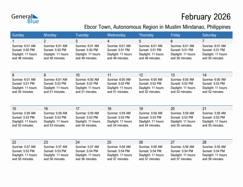 Ebcor Town February 2026 sunrise and sunset calendar in PDF, Excel, and Word