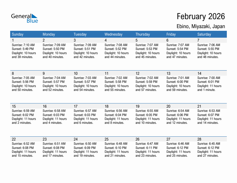 Ebino February 2026 sunrise and sunset calendar in PDF, Excel, and Word