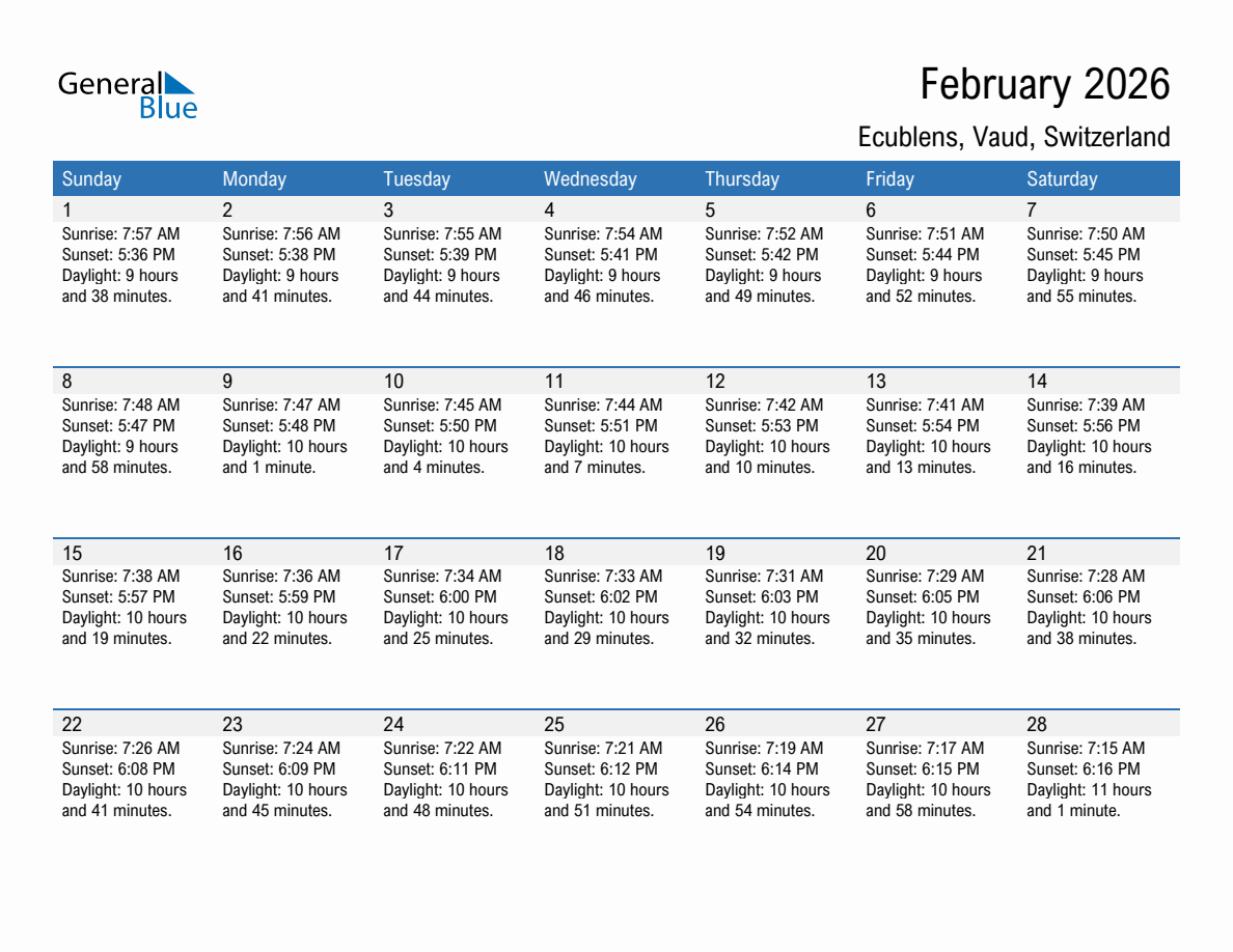 February 2026 sunrise and sunset calendar for Ecublens