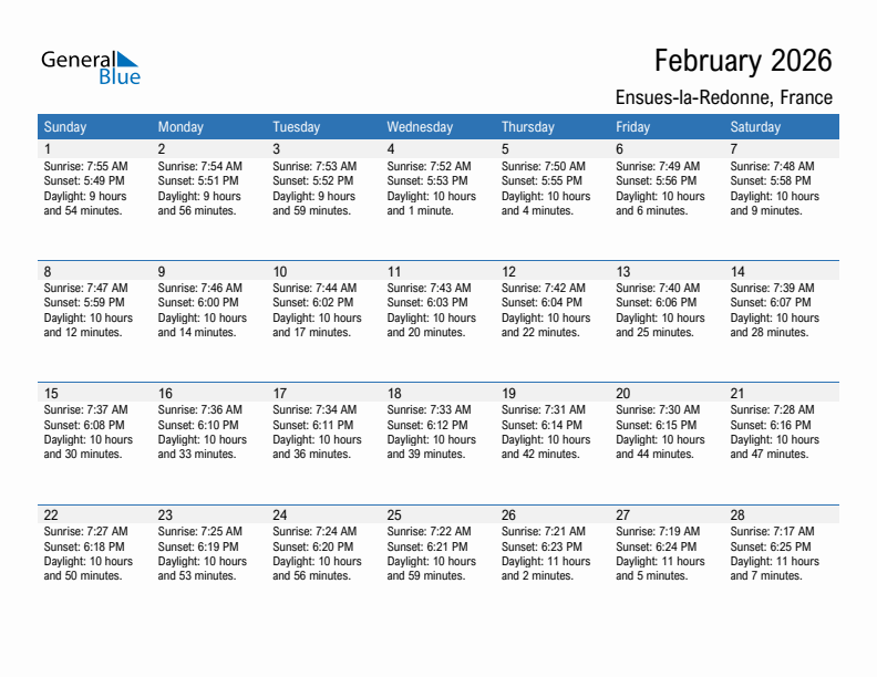 Ensues-la-Redonne February 2026 sunrise and sunset calendar in PDF, Excel, and Word