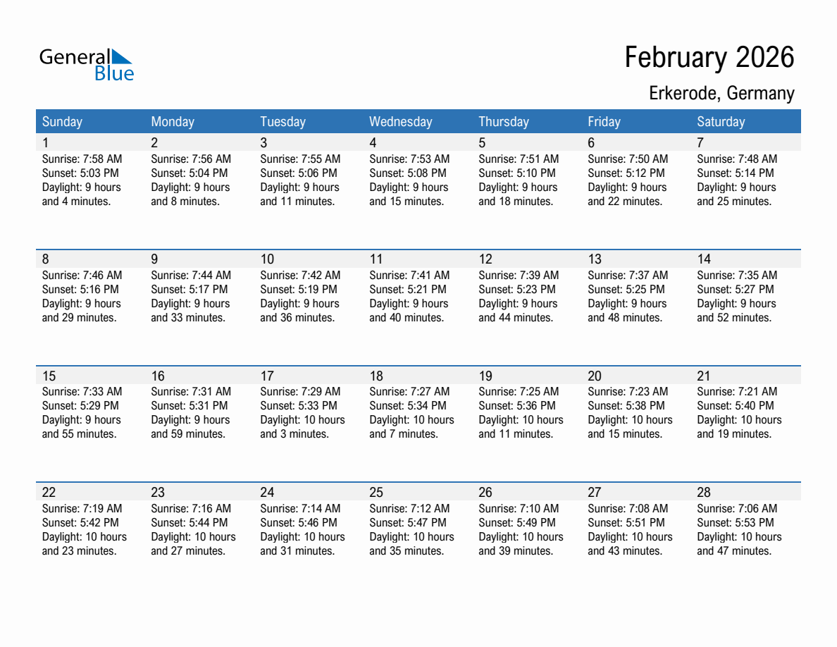 February 2026 sunrise and sunset calendar for Erkerode