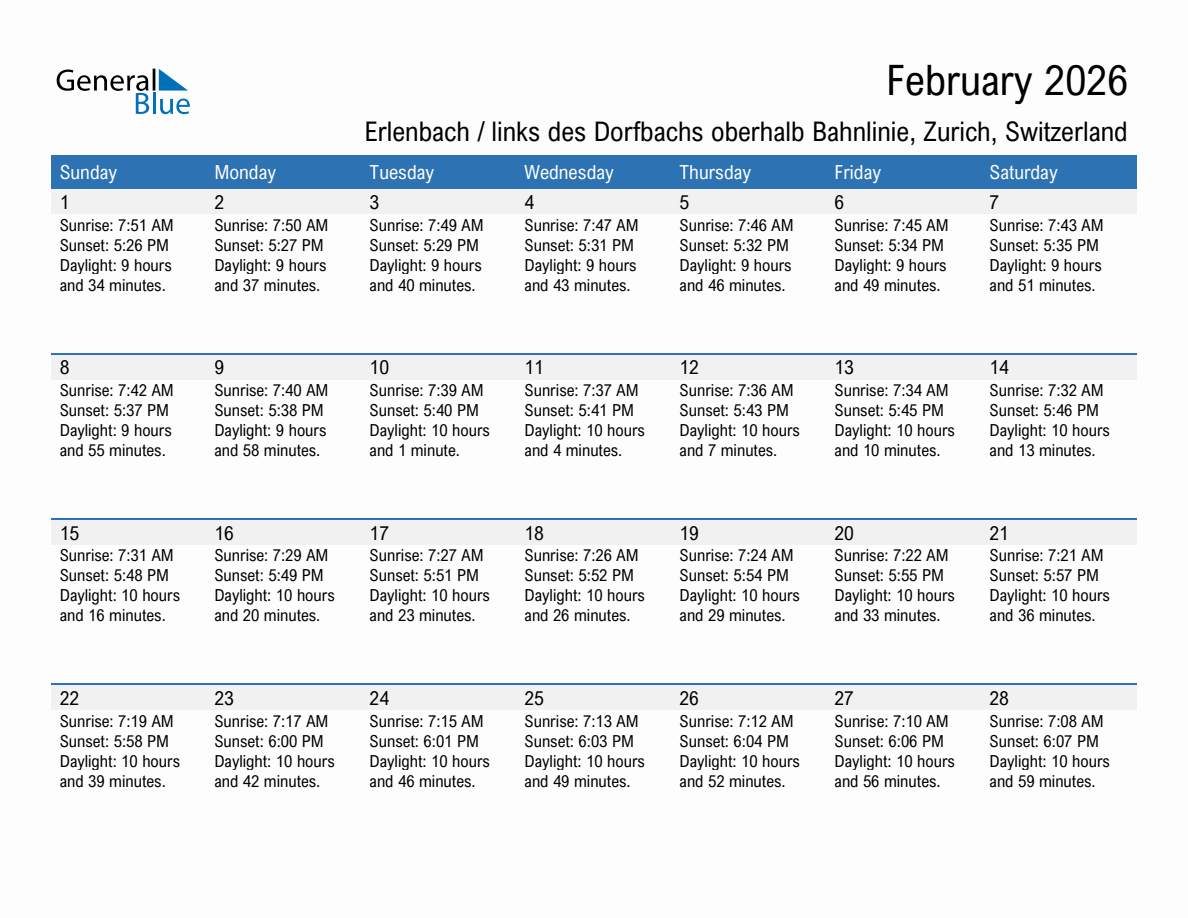 February 2026 sunrise and sunset calendar for Erlenbach / links des Dorfbachs oberhalb Bahnlinie