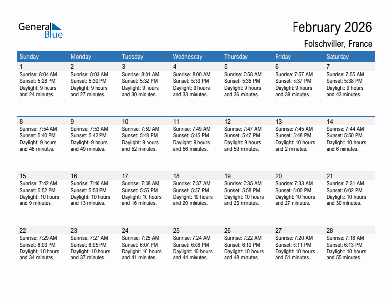 Folschviller February 2026 sunrise and sunset calendar in PDF, Excel, and Word