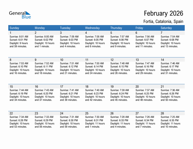 Fortia February 2026 sunrise and sunset calendar in PDF, Excel, and Word
