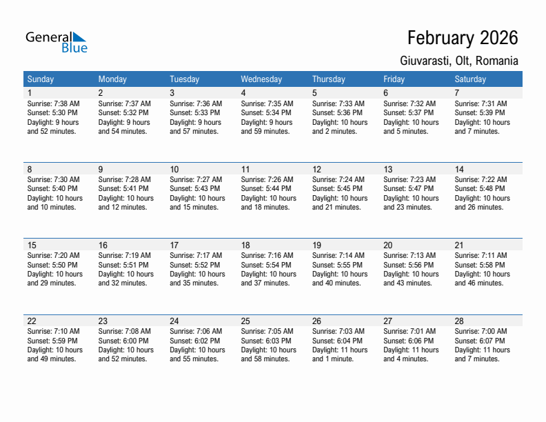 Giuvarasti February 2026 sunrise and sunset calendar in PDF, Excel, and Word