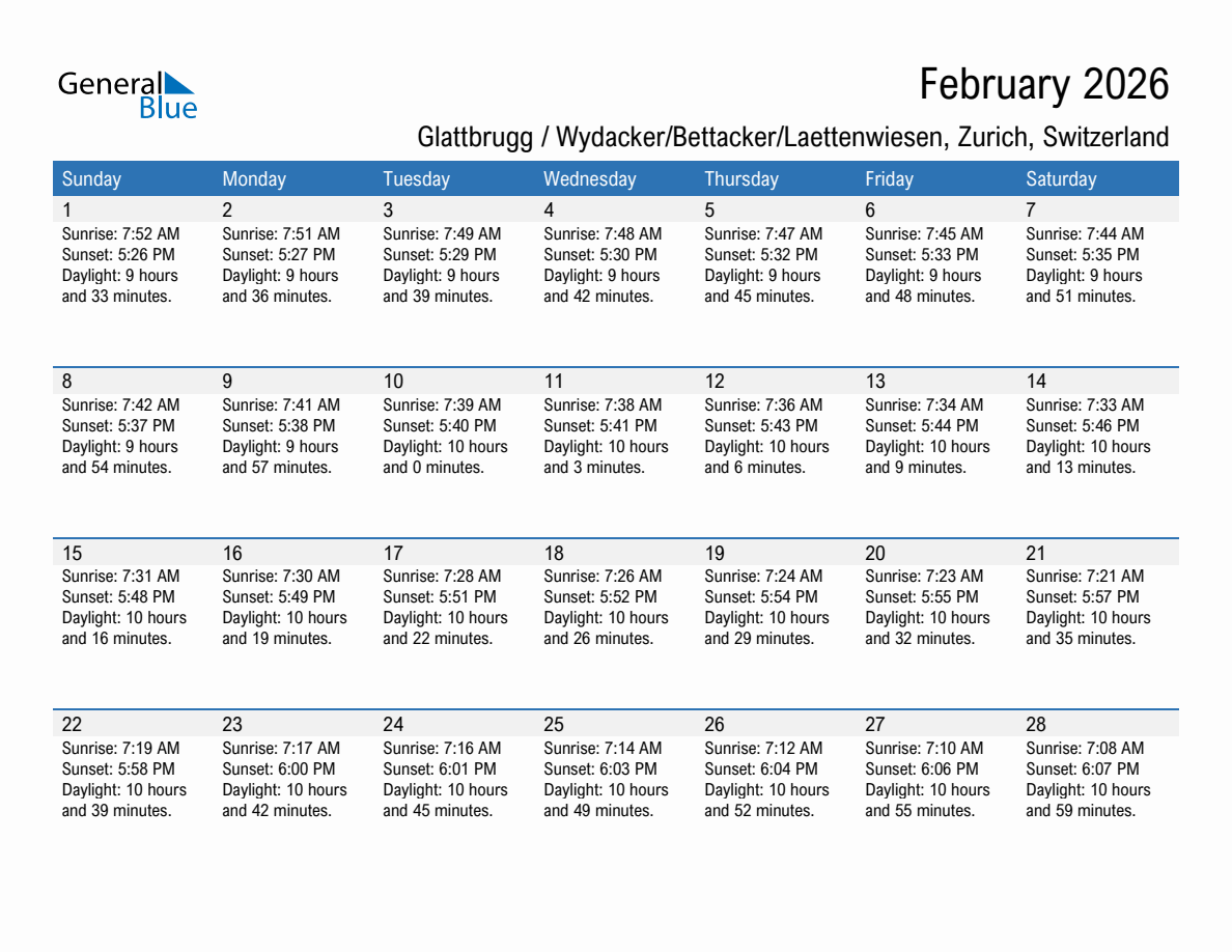 February 2026 sunrise and sunset calendar for Glattbrugg / Wydacker/Bettacker/Laettenwiesen
