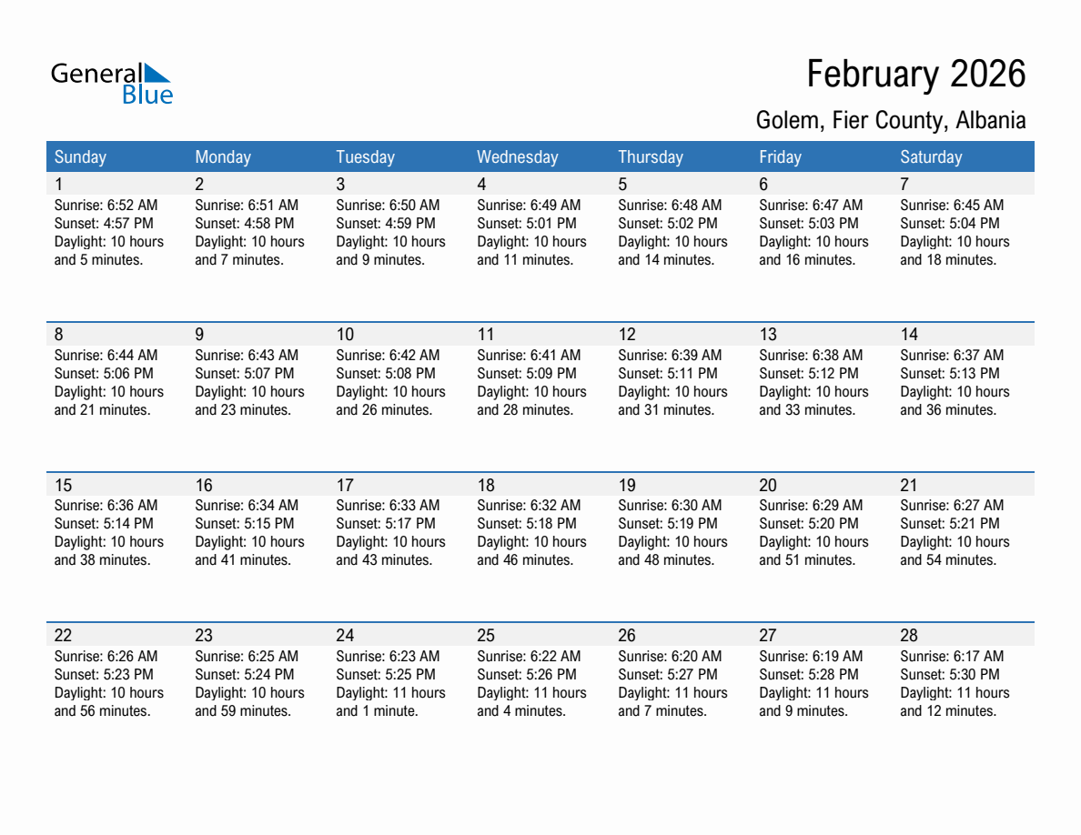 February 2026 sunrise and sunset calendar for Golem