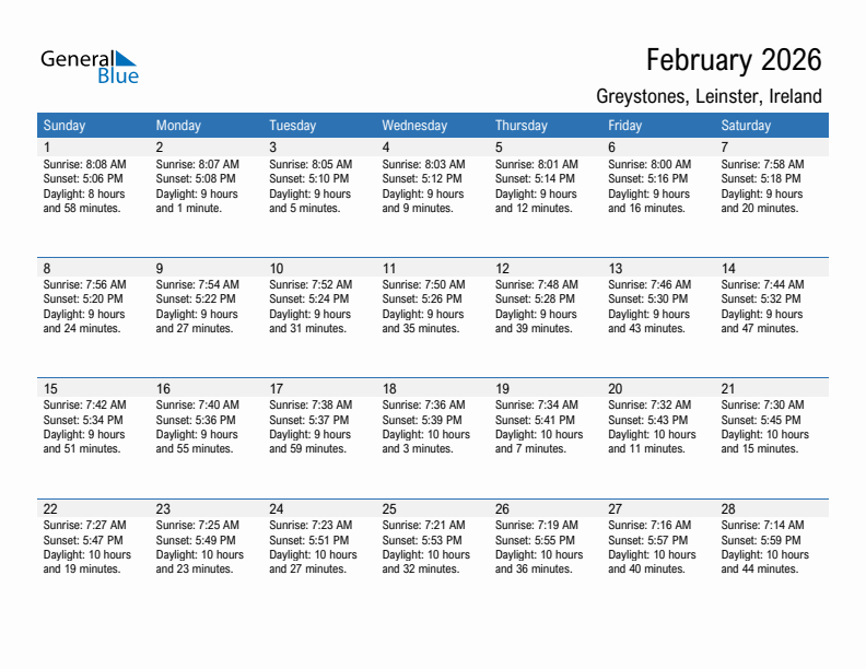 Greystones February 2026 sunrise and sunset calendar in PDF, Excel, and Word