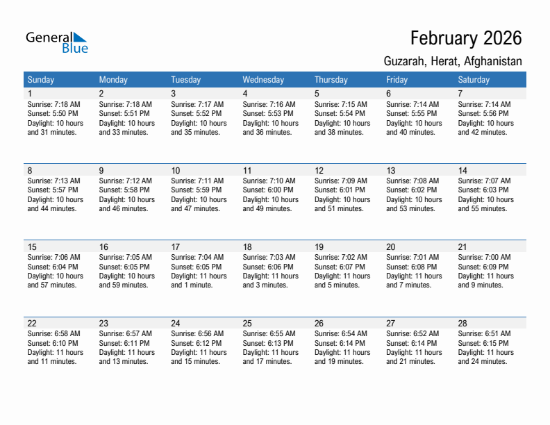 Guzarah February 2026 sunrise and sunset calendar in PDF, Excel, and Word