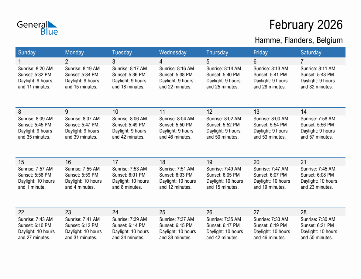 February 2026 sunrise and sunset calendar for Hamme