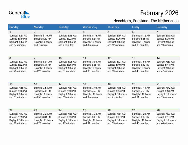Heechterp February 2026 sunrise and sunset calendar in PDF, Excel, and Word