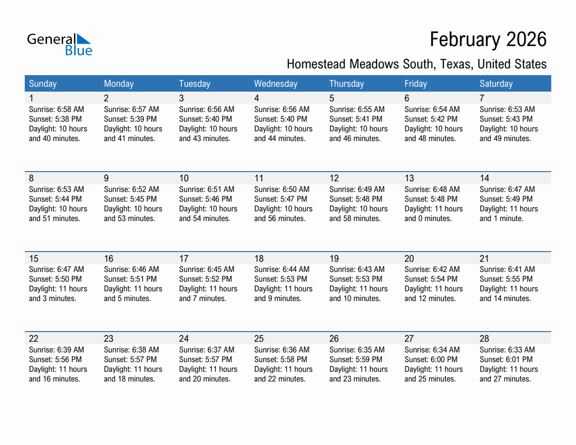 February 2026 sunrise and sunset calendar for Homestead Meadows South