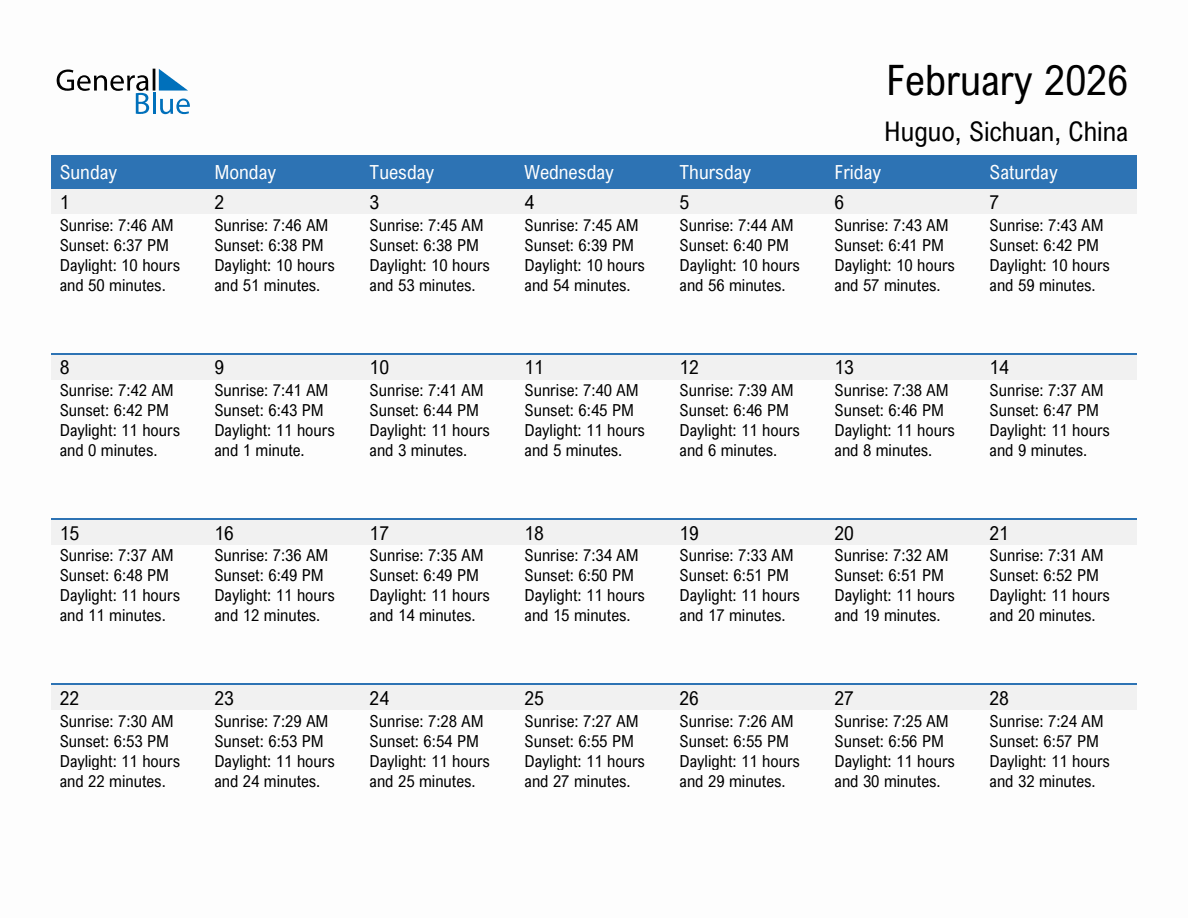 February 2026 sunrise and sunset calendar for Huguo