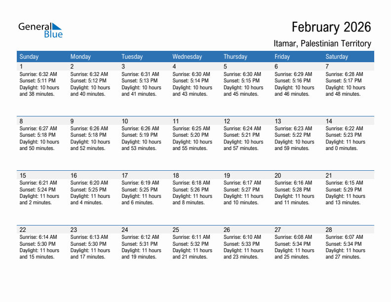 Itamar February 2026 sunrise and sunset calendar in PDF, Excel, and Word