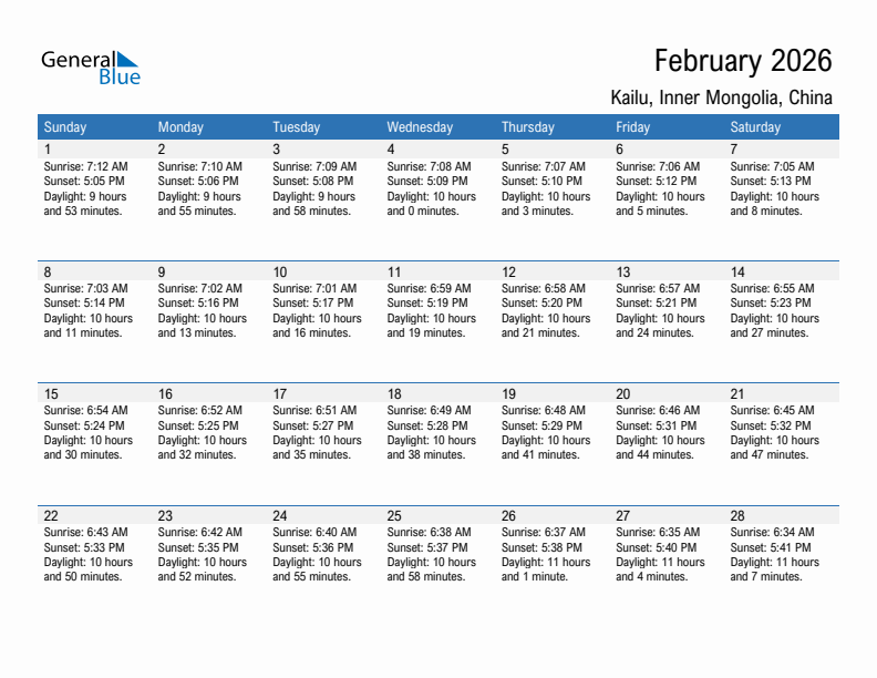 Kailu February 2026 sunrise and sunset calendar in PDF, Excel, and Word