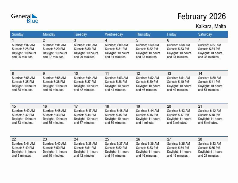 Kalkara February 2026 sunrise and sunset calendar in PDF, Excel, and Word